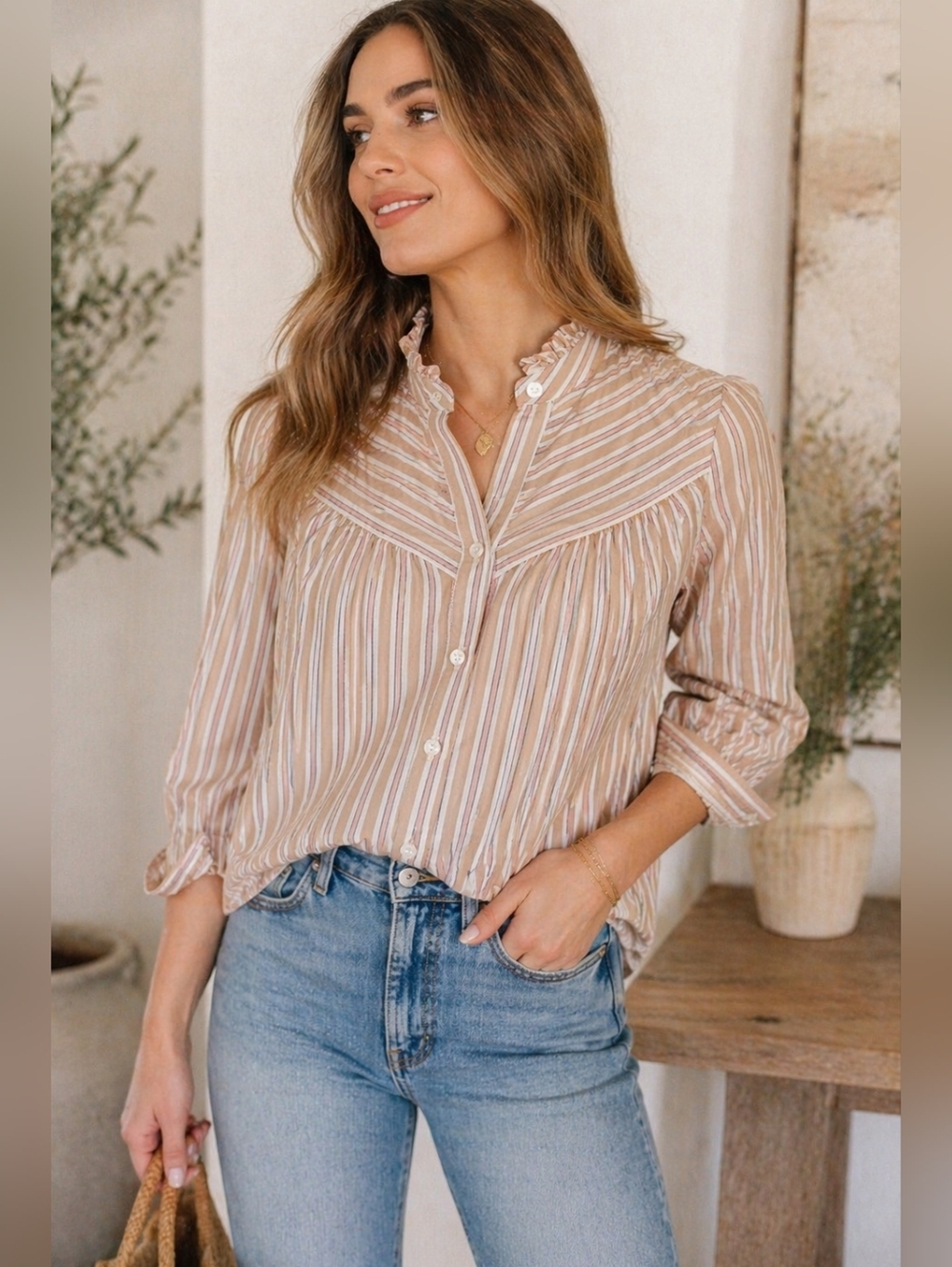 Trovata Birds of Paradis Striped Blouse XS Ruffle Collar Cotton Blend